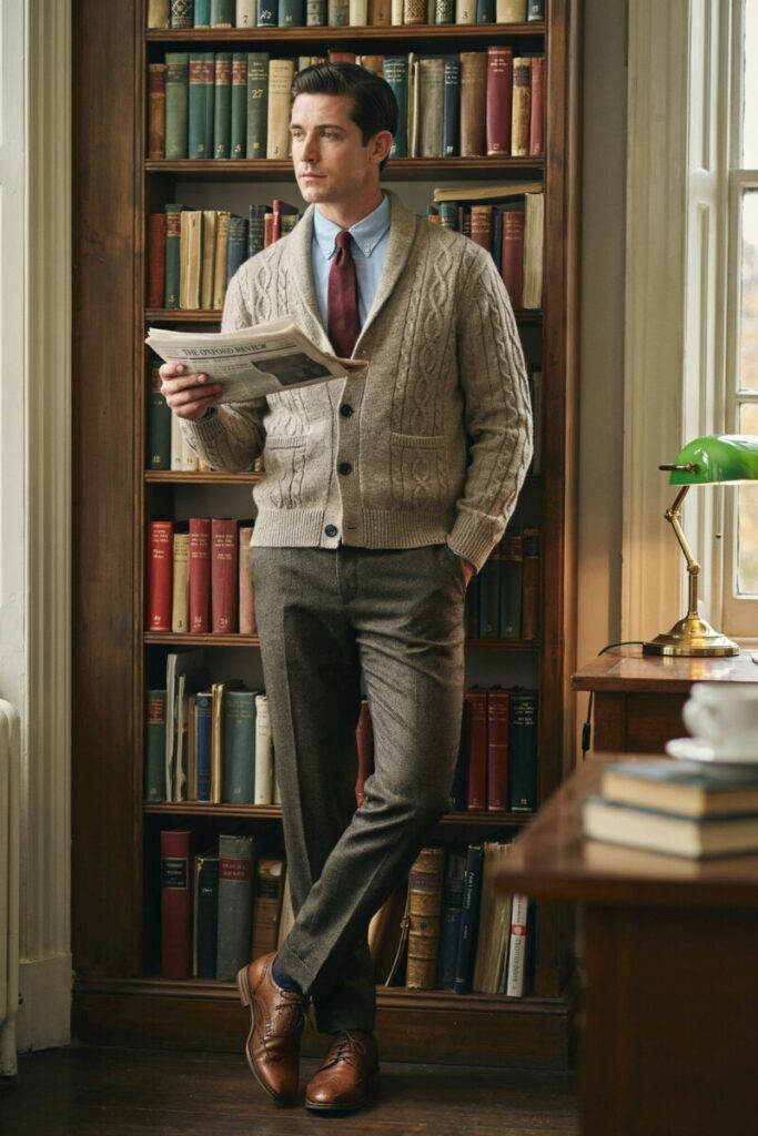 Cardigan Over Dress Shirt with Wool Trousers
