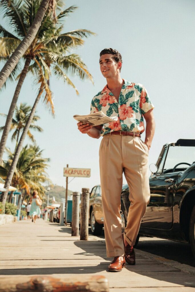 Cuban Collar Shirt with High-Waisted Slacks