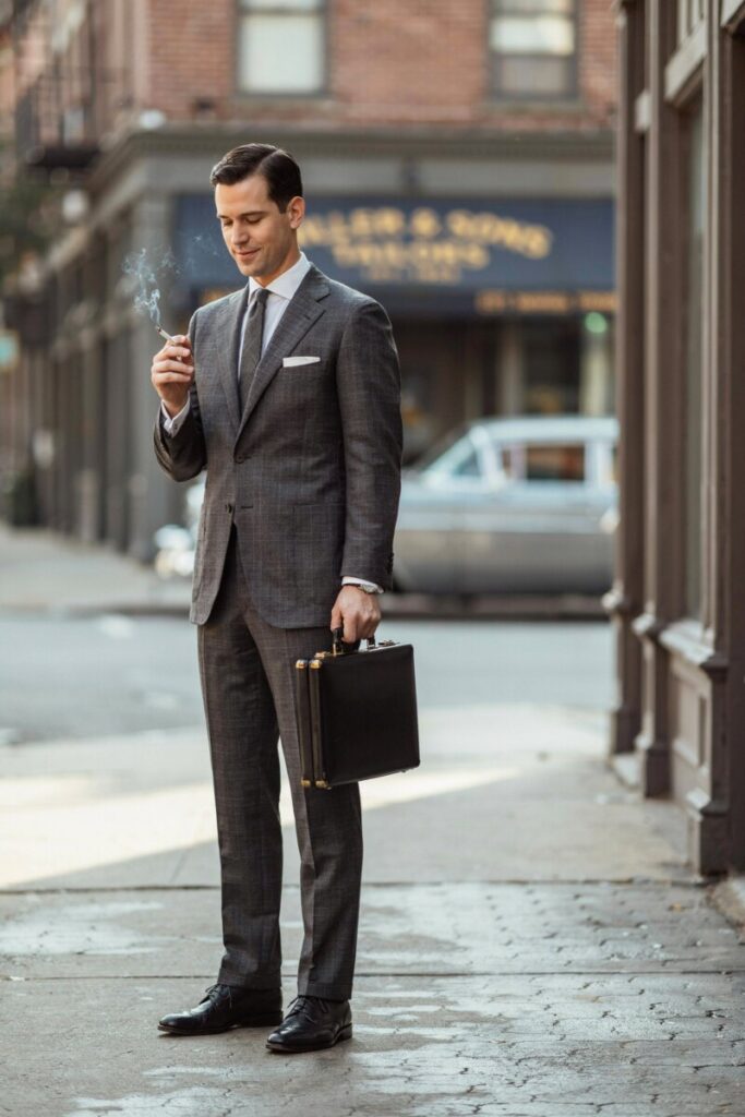 Grey Flannel Suit with White Shirt and Pocket Square