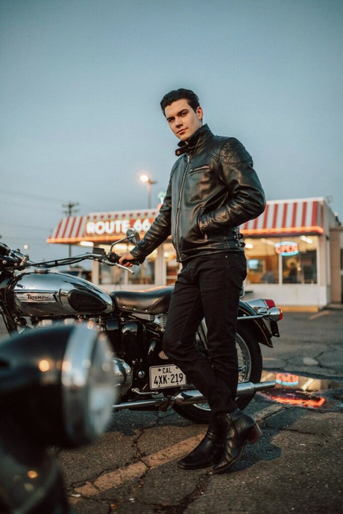 Leather Motorcycle Jacket with Black Denim
