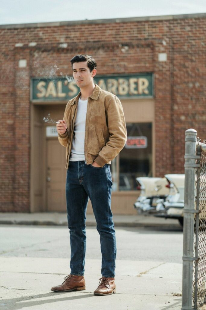 Suede Bomber Jacket with White Tee and Jeans