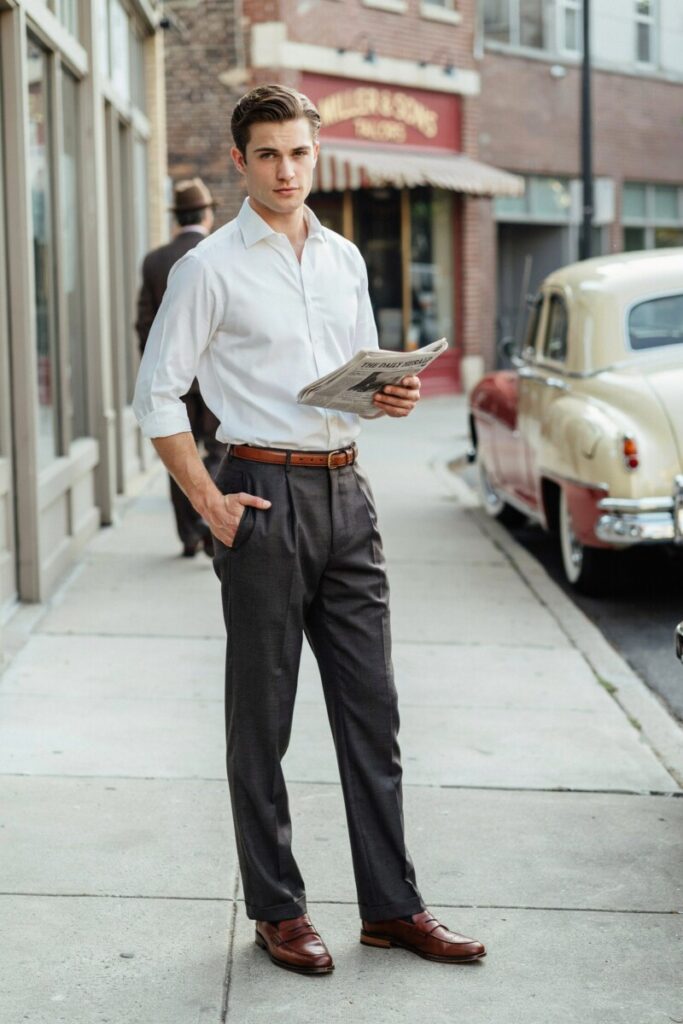 White Button-Down with Rolled Sleeves and Dark Slacks