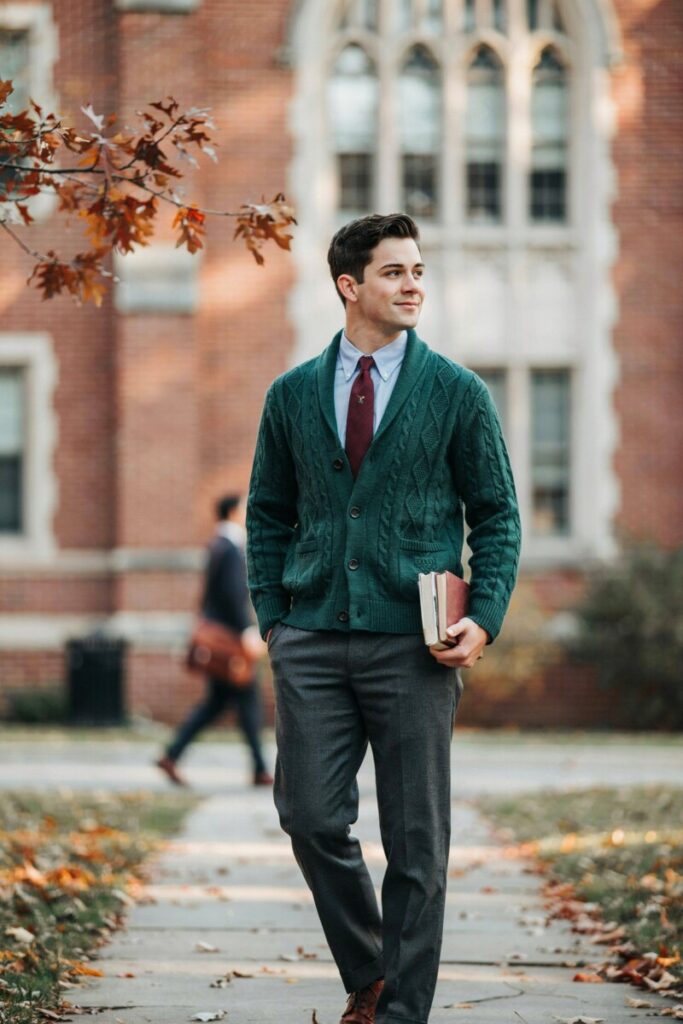 Wool Cardigan Over Dress Shirt and Tie