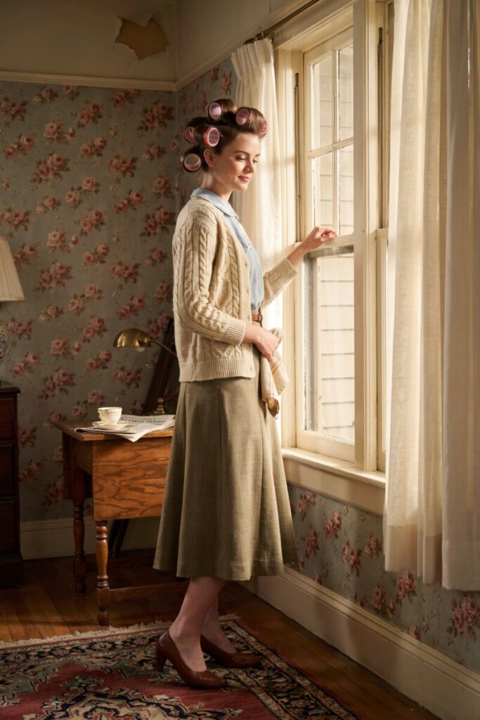 Cable Knit Cardigan with Midi Skirt and Hair Rollers