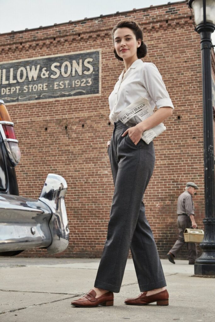 Collared Blouse with High-Waisted Slacks and Loafers