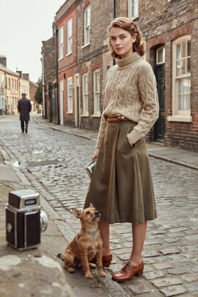 Knit Sweater with A-Line Skirt and Brogues