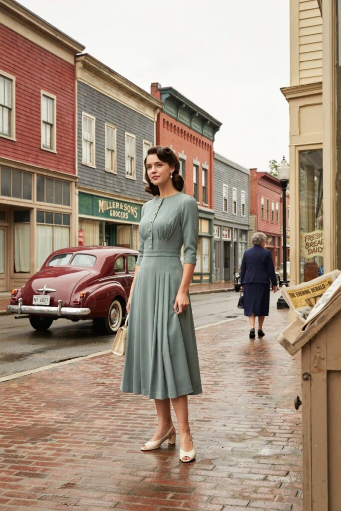 Pleated Day Dress with Peep-Toe Shoes