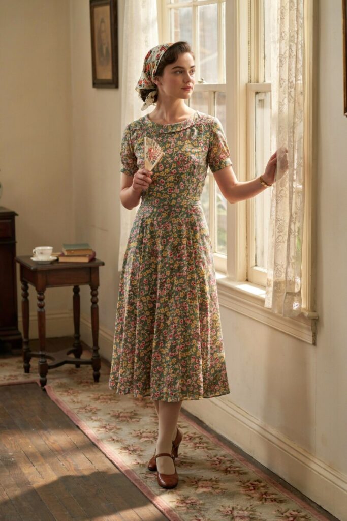 Tea Dress with Floral Print and Modest Neckline