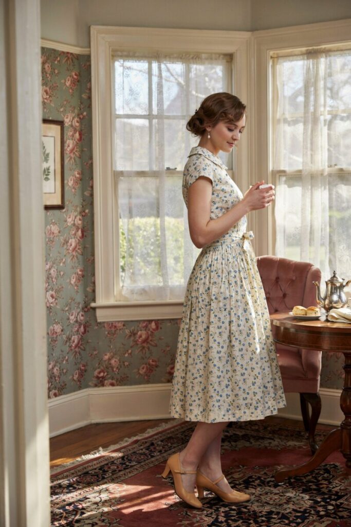 Tea Dress with Peter Pan Collar and Low Heels