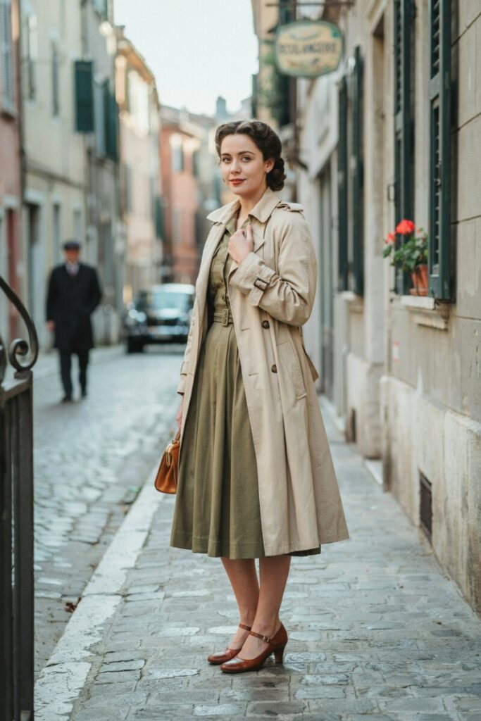 Trench Coat Over Day Dress with Low Heels