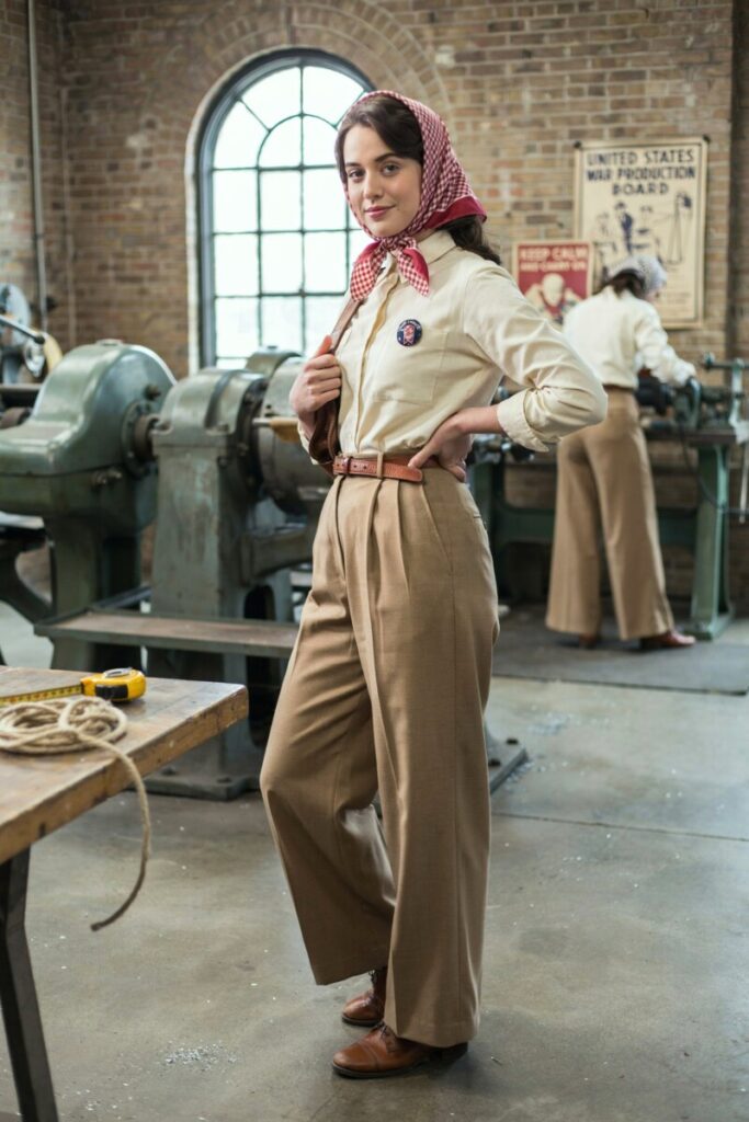 Wide-Leg Trousers with Tucked Blouse and Headscarf