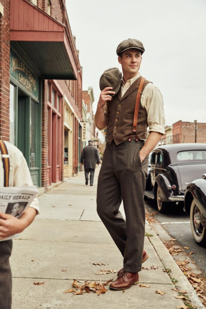 Wool Trousers with Vest and Newsboy Cap