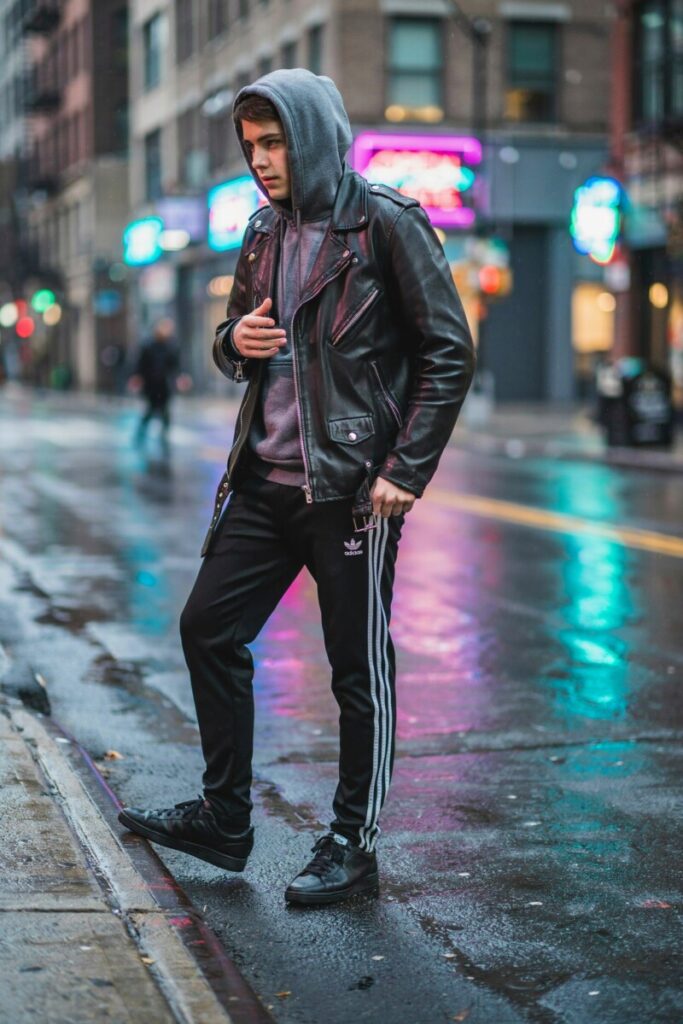 Layered Hoodie under a Leather Jacket